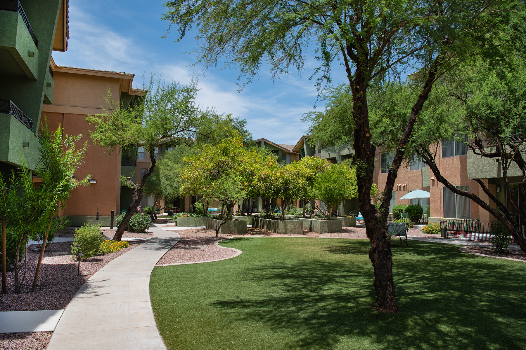 HOA community landscaping with maintained turf, trees, and walkways in the Phoenix metro area