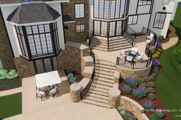 Custom stone hardscape with staircase and patio seating at a Cleveland, Ohio property