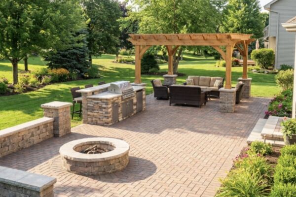 Pergola, paver patio, and fire pit hardscape design for a Cleveland, Ohio property