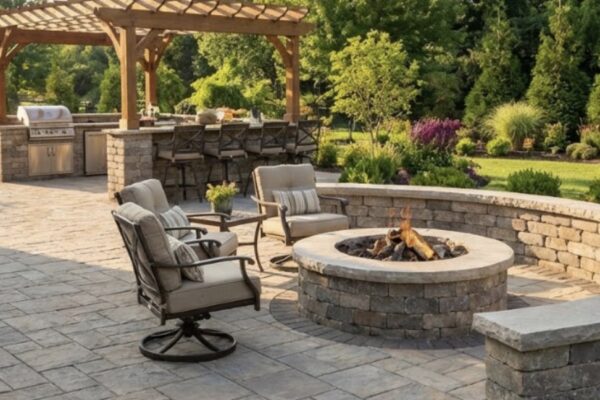 Outdoor kitchen and stone fire pit hardscape installation in Cleveland, Ohio